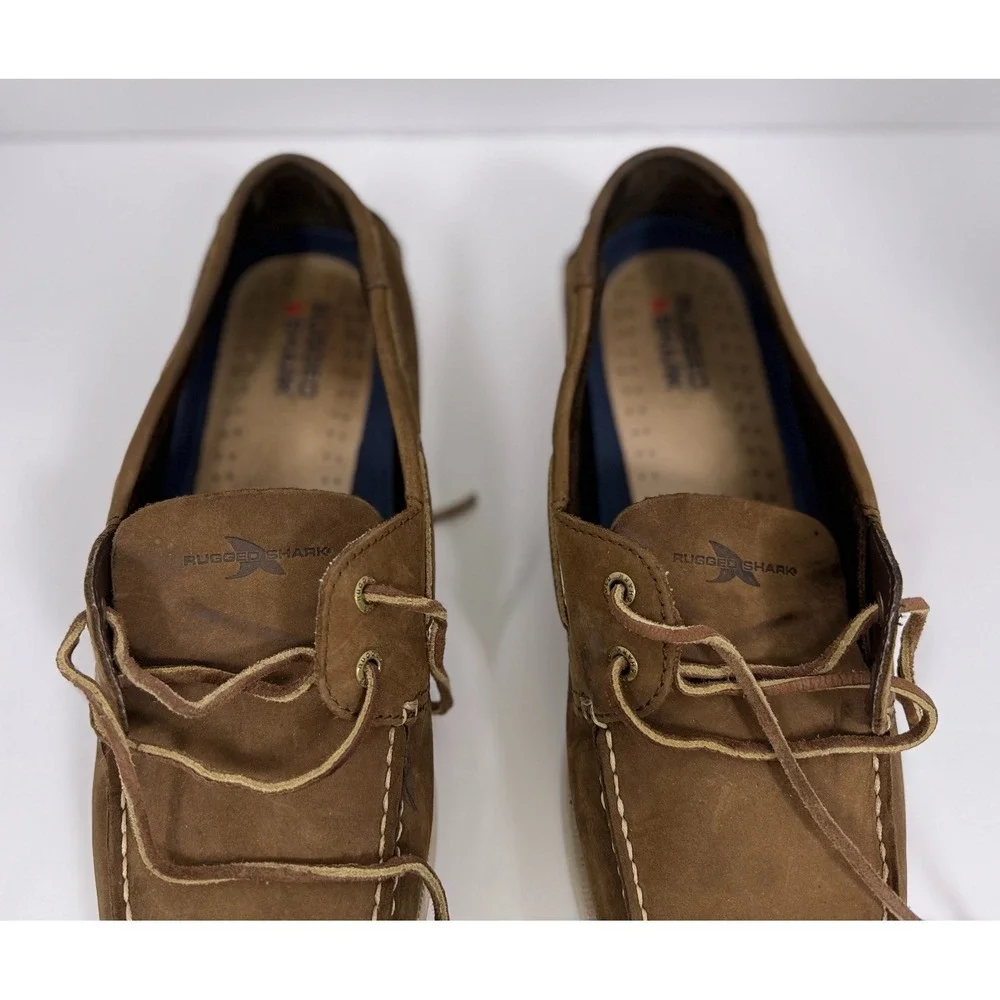 Rugged Shark Men's‎ Leather Boat Shoes Brown Moc Toe Lace Up Deck Size 11.5M